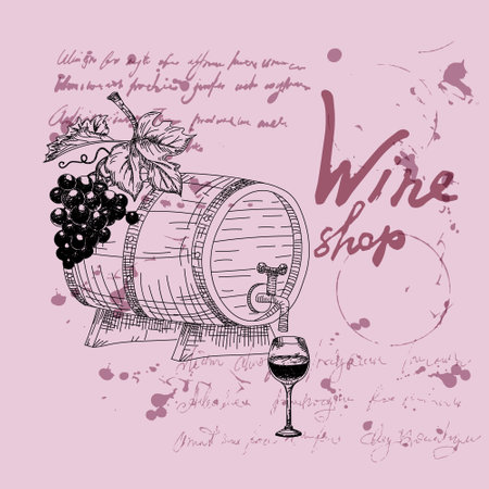 Wine shop products hand drawn scetch. Grapes, wooden barrel, glass, vintage style unreadable text. Vector illustrationのイラスト素材