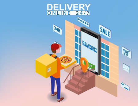 Pizza Delivery Service Isometric concept. Courier with pizza box shipping to home, smartpnone. Fast 24 7 shipping, online food order template banner. Vector illustration 3d isolatedのイラスト素材