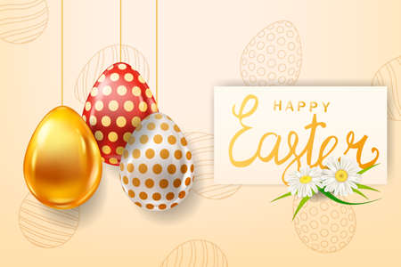 Happy Easter Colored Eggs banner template, lettering. Realistic shine decorated, painted eggs, colorful spring flowers chamomile, dandelions. Spring holiday posterのイラスト素材