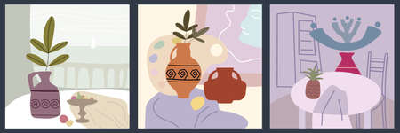 Set Still life abstract contemorary minimalism. Collection Vase flora intreior abstract elements shapes. Modern poster, banner, cover, social media content. Vector isolatedのイラスト素材