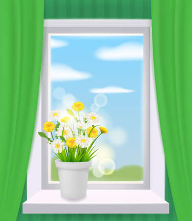 Window view in interior, spring, flower pot with flowers daisy and dandelions on windowsill, curtains. Vector illustration realisticのイラスト素材