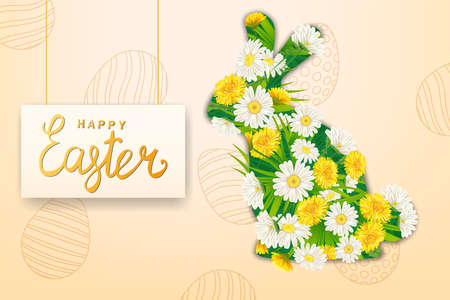 Happy Easter Rabbit from colorful spring flowers chamomile, dandelions, banner template, lettering, realistic decorated. Spring holiday posterのイラスト素材