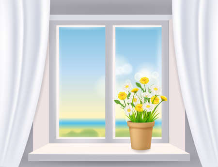 Window view in interior, view on landscape, spring, flower pot with flowers daisy and dandelions on windowsill, curtains. Vector illustration template realisticのイラスト素材