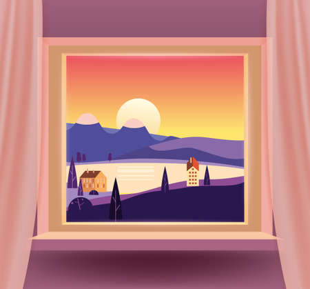 Open window interior home with a sunset sea ocean landscape, mountains, houses, trees, exotic. Tropic summer landscape from view the window with curtains. Vector illustrationのイラスト素材