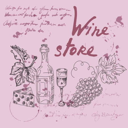 Set Wine products hand drawn scetch. Grapes, wooden barrel, bottles,chees, glass, vintage style unreadable text. Vector illustrationのイラスト素材