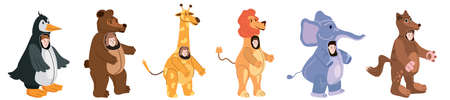 Set Actors in animal Penguin, Bear, Giraffe, Lion, Elephant, Wol costume. Theme party, Birthday kid, children animator, entertainer wearing performer character for holiday masquerade, carnival. Vectorのイラスト素材