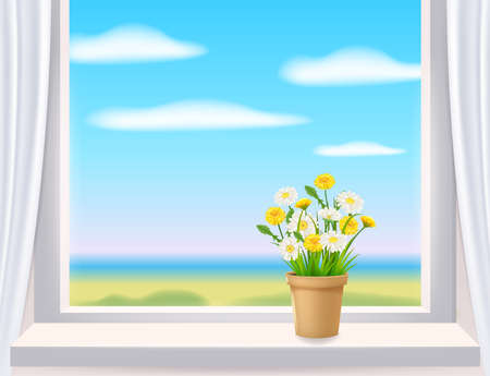 Window in interior, view on landscape, spring, flower pot with flowers daisy and dandelions on windowsill, curtains. Vector illustration template realisticのイラスト素材