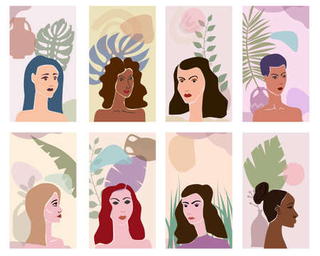 Set Woman portraites minimal abstract contemporary style. Female faces flora leaves shapes vase silhouetteのイラスト素材