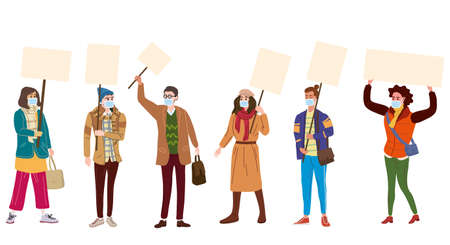 Set of Protesters crowd man and woman in medical masks from virus , holding empty banners. Activists protesting, during a pandemic quarantine , political meeting, strike human rights. Vectorのイラスト素材