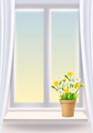 Open window in interior, view on landscape, spring, flower pot with flowers daisy and dandelions on windowsill, curtains. Vector illustration template realisticのイラスト素材