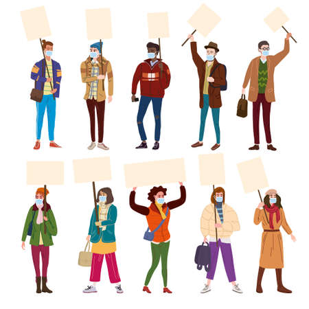 Set of Protesters crowd man and woman in medical masks from virus, holding empty banners. Activists protesting, during a pandemic quarantine virus, political meeting, strike human rights. Vectorのイラスト素材