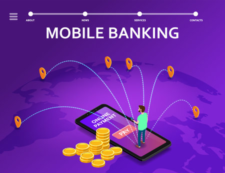 Mobile internet banking isometric. Man smartphone, stacks coins, money transaction technology, mobile payment e-commerce concept. Vector illustrationのイラスト素材