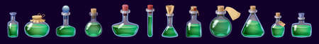 Set of Bottles magic liquid potion fantasy elixir. Game icon GUI for app games user interface. Vector illstration isolated cartoon style on dark backgroundのイラスト素材
