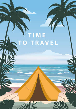 Time to travel. Tourist tent camping on the tropical beach, palms. Summer vacation coastline beach sea, ocean, travelのイラスト素材