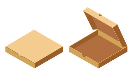 Pizza isometric open, closed cardboard boxes set, delivery. Package template, flat design. Vectorのイラスト素材