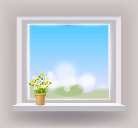 Window in interior, view on landscape, spring, flower pot with flowers daisy and dandelions on windowsill, curtains. Vector illustration template realisticのイラスト素材