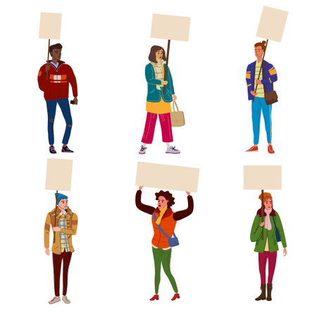 Collection of Protesters crowd man and woman holding empty banners. Activists protesting, political meeting, strike human rights. Vector illustration isolatedのイラスト素材