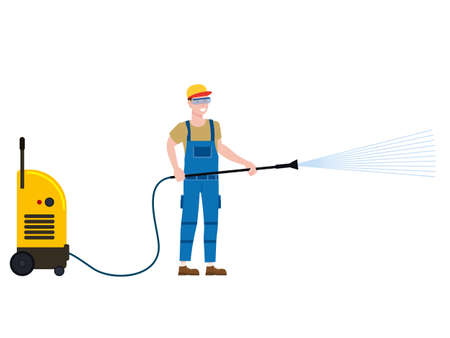 Car Wash worker with equipment. Auto Service man worker washing, clean car. Vector illustration isolatedのイラスト素材