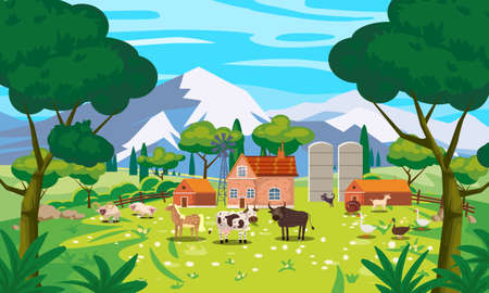 Rural Landscape farm scenery view, mountaines, green meadow, flowers, trees. Countryside nature, farm animals cow, sheeps, horse, bull, goose, duck, goat, buildings. Vector illustrationのイラスト素材