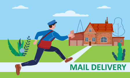 Postman running with bag delivering letter in envelope for house to address. Mailman in uniform carrying mail, delivery service. Vector illustrationのイラスト素材