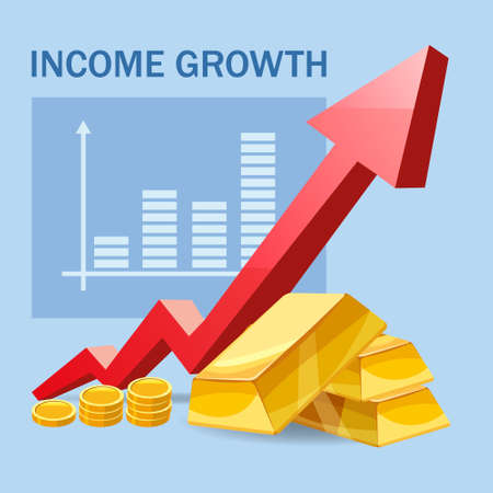 Increase Income Financial Revenue, growth money rate rising up. Arrow up, Gold bars coins fund, concept of business, economic, capital earnings success. Vectorのイラスト素材