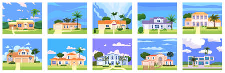 Set Residential Home Buildings in landscape tropic trees, palms. House exterior facades front view architecture family cottages houses or mansions apartments, villa. Suburban propertyのイラスト素材