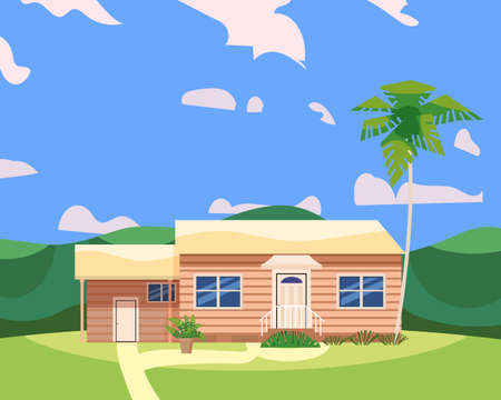 Residential Home Building in landscape tropic trees, palms. House exterior facades front view architecture family cottage house or mansion apartments, villa. Suburban propertyのイラスト素材