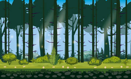 seamless forest landscape horizontal background for games apps, design. Nature woods, trees, bushes, flora, vectorのイラスト素材