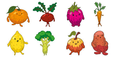 Vegetables set hand drawn scetch characters cartoon. Collection orange, beet root, strawberry, carrot, lemon, broccoli, apple, potatoのイラスト素材