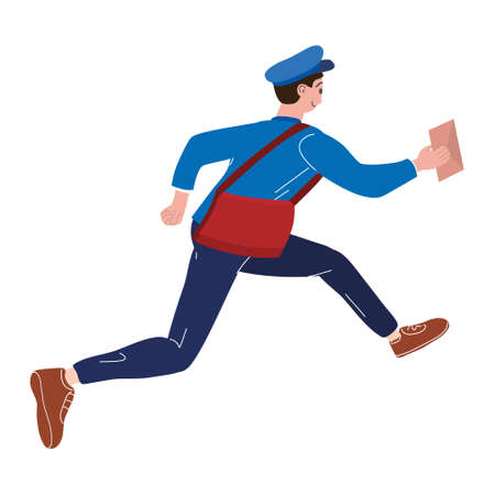Postman running with bag delivering letter in envelope. Mailman in uniform carrying mail, delivery service. Vector illustrationのイラスト素材