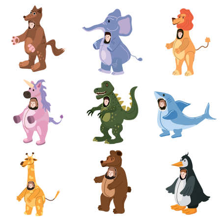 Set Actors in animal Wolf, Unicorn, Bear, Elepfant, Lion, Shark, Giraffe, Penguin, Dinosaur costume. Theme party, Birthday kid, children animator, entertainer wearing performer character for holiday masquerade, carnival Vector cartoonのイラスト素材
