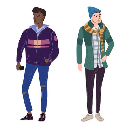 Couple Young mans students in modern spring trendy clothes. Fashion casual outerwear street style characters. Flat cartoon style vector isolated illustrationのイラスト素材