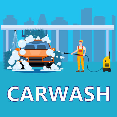 Car Washing Auto center station. Service man worker washing, clean car, foam bubbles. Vector illustration isolatedのイラスト素材