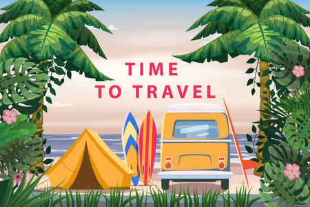 Time to travel. Tourist tent camping on the tropical beach, van, surfboards, palms. Summer vacation coastline beach sea, ocean, surfing, travel, sunsetのイラスト素材