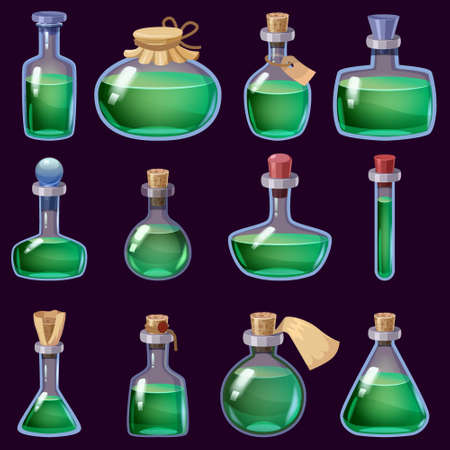 Set of Bottles liquid potion magic elixir colorful . Game icon GUI for app games user interface. Vector illstration isolated cartoon style on black backgroundのイラスト素材