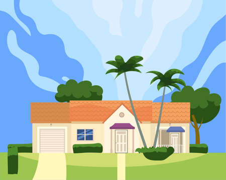 Residential Home Building in landscape tropic trees, palms. House exterior facades front view architecture family cottage house or mansion apartments, villa. Suburban propertyのイラスト素材