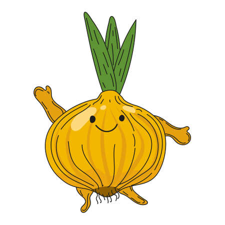 Onion hand dawn sketch fruit cute character cartoon. Vector illustrationのイラスト素材