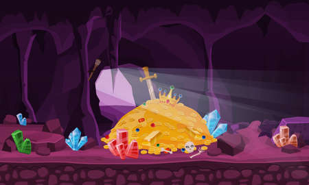 Concept Treasure cave, gold pile, coins, gems, crown, sword, crystals. Banner art for game, apps medieval fairytale. Background cartoon styleのイラスト素材