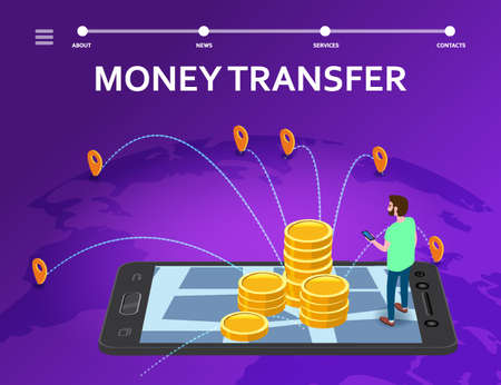 Money transferall over Earth internet banking isometric. Man smartphone, stacks coins, money transaction technology, mobile payment e-commerce concept. Vector illustrationのイラスト素材