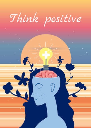 Think Positive. Young beautiful woman dreaming at the ocean coast sunset. Positive Mind Girl with an open brain opens idea, bulb, mind wellness, relax, enjoy summer vacation. Seaside tropical viewのイラスト素材
