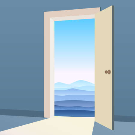Open Door to nature way. Landscape minimal, symbol freedom, new way exit, discovery, opportunities. Motivation concept to real world. Vector illustration cartoon style poster bannerのイラスト素材