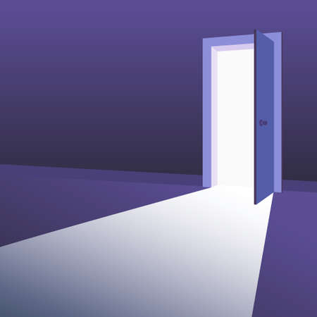 Open Door with light beams going inside dark room. Symbol of new way, exit, discovery, new opportunities. Business motivation concept. Vector illustrationのイラスト素材
