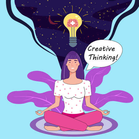 Girl with bulb, idea. Creative Thinking Yoga girl. Solution to a problem. Positive thinking, creative idea thought process. Vector illustration cartoon flat banner posterのイラスト素材
