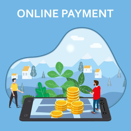 Online payment, internet money transfer. Man buyer, smartphone, stacks coins, isometric. Concept mobile Commerce, shopping online illustrationのイラスト素材