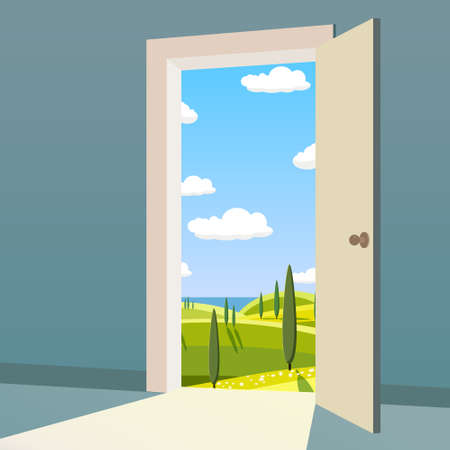 Open Door to nature way. Landscape valley symbol freedom, new way exit, discovery, opportunities. Motivation concept to real world. Vector illustration cartoon style poster bannerのイラスト素材