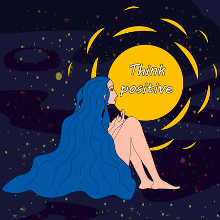 Think Positive Woman sitting thinking about happiness. Psychological help in difficult moments, depression. Girl with blue hair looking at the sun Vector illustration flat cartoon bannerのイラスト素材