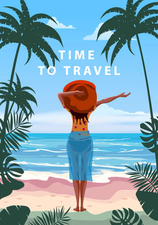 Woman on seaside resort in beachwear red hat enjoying rest. Time to travel vacation tropical palms exotic flora, sea, ocean. Vector illustration retro, vintageのイラスト素材