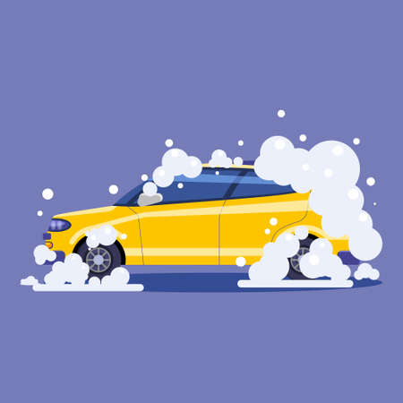 Car in bubbles. Auto Service washing, clean car. Vector illustration isolatedのイラスト素材