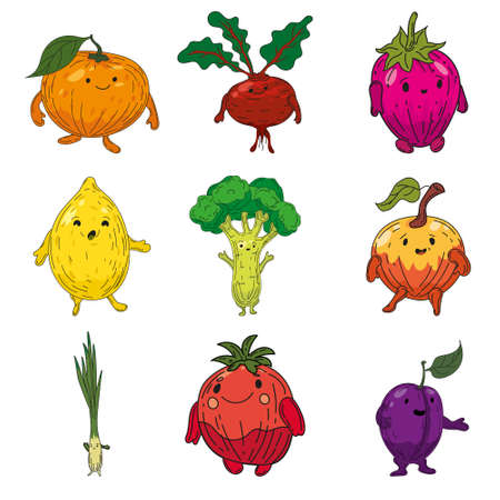 Vegetables set hand drawn sketch characters cartoon. Collection orange, beet root, strawberry, lemon, broccoli, apple, tomato, leek, plumのイラスト素材