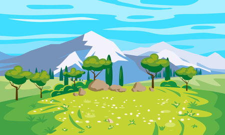 Landscape scenery view, mountains, green meadow, flowers, trees. Rural nature, travel through countryside. Vector illustrationのイラスト素材